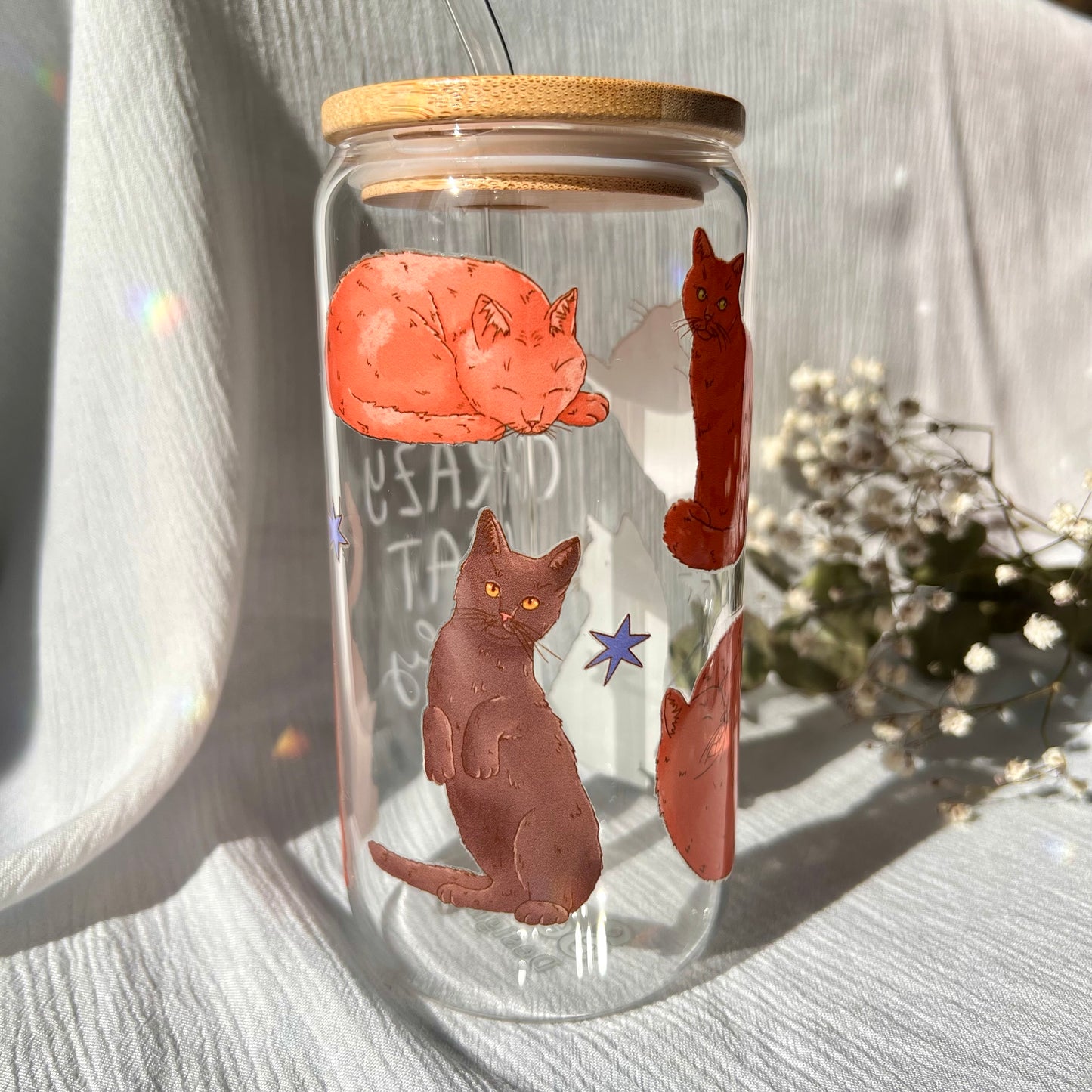 Glas-Trinkglas „Crazy Cat Lady“ – mit Holzdeckel & Glasstrohhalm
