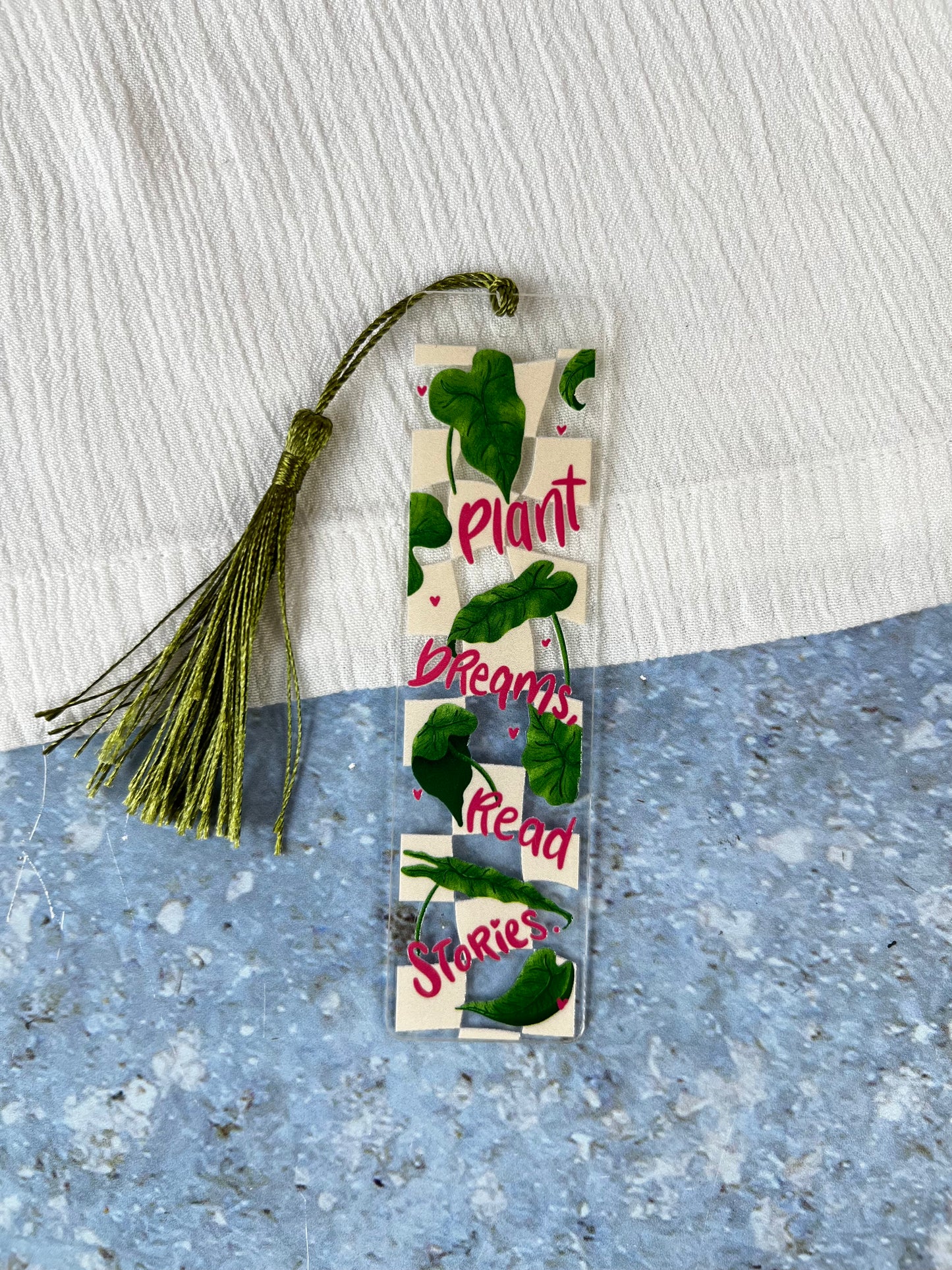 Acryl-Lesezeichen „Plant Dreams, Read Stories“
