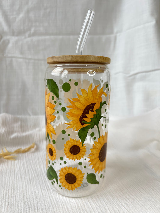 Glas-Trinkglas „Sunny Blooms“ – mit Holzdeckel & Glasstrohhalm