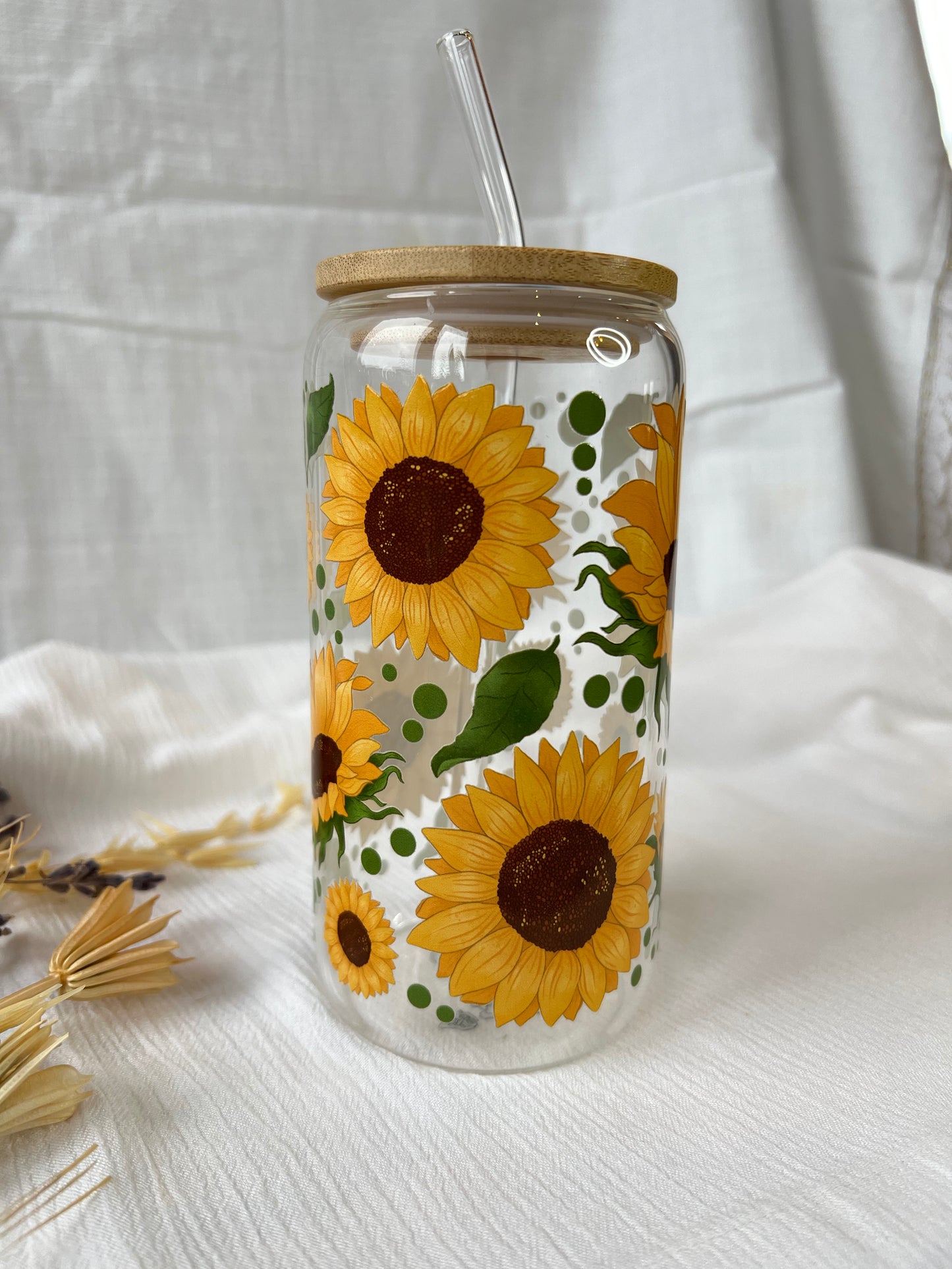 Glas-Trinkglas „Sunny Blooms“ – mit Holzdeckel & Glasstrohhalm