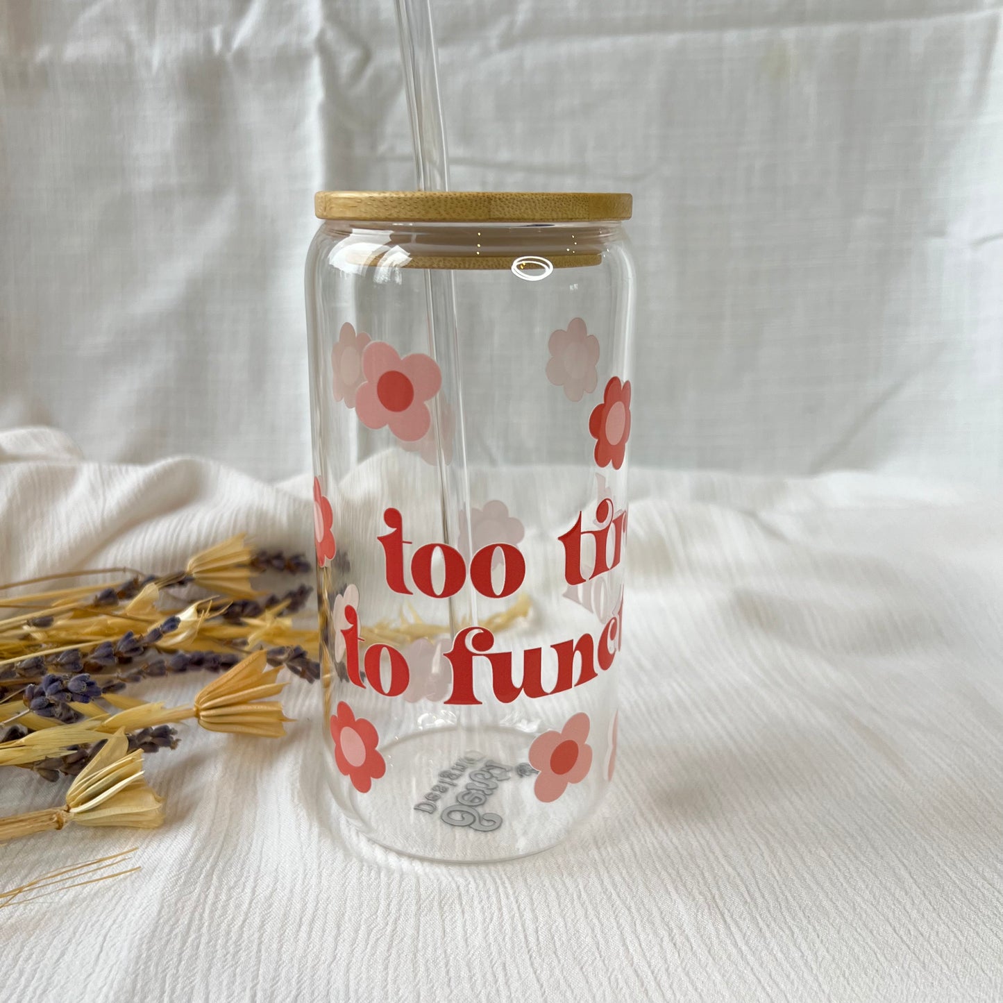 Glas-Trinkglas „Too Tired to Function“ – mit Holzdeckel & Glasstrohhalm
