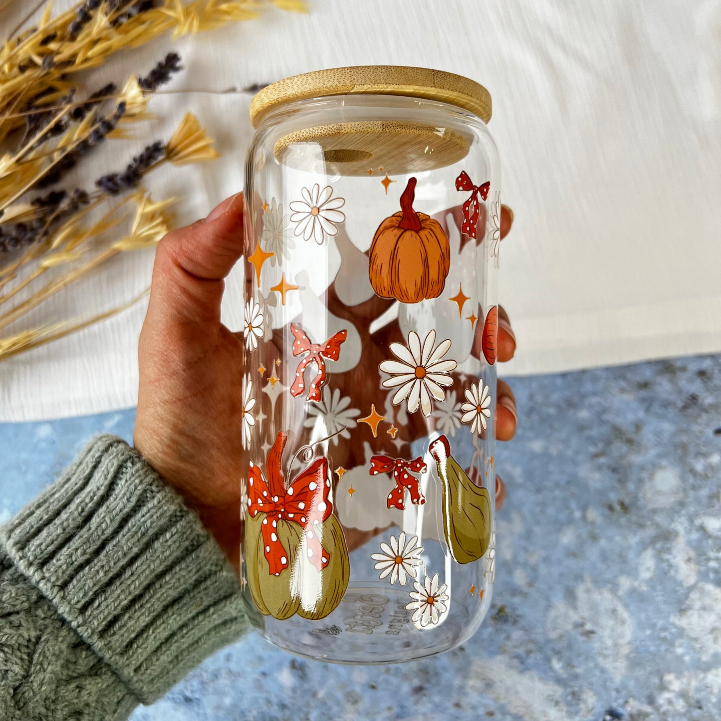 Glas-Trinkglas „Autumn Vibes“ – mit Holzdeckel & Glasstrohhalm