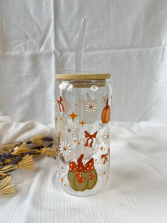 Glas-Trinkglas „Autumn Vibes“ – mit Holzdeckel & Glasstrohhalm