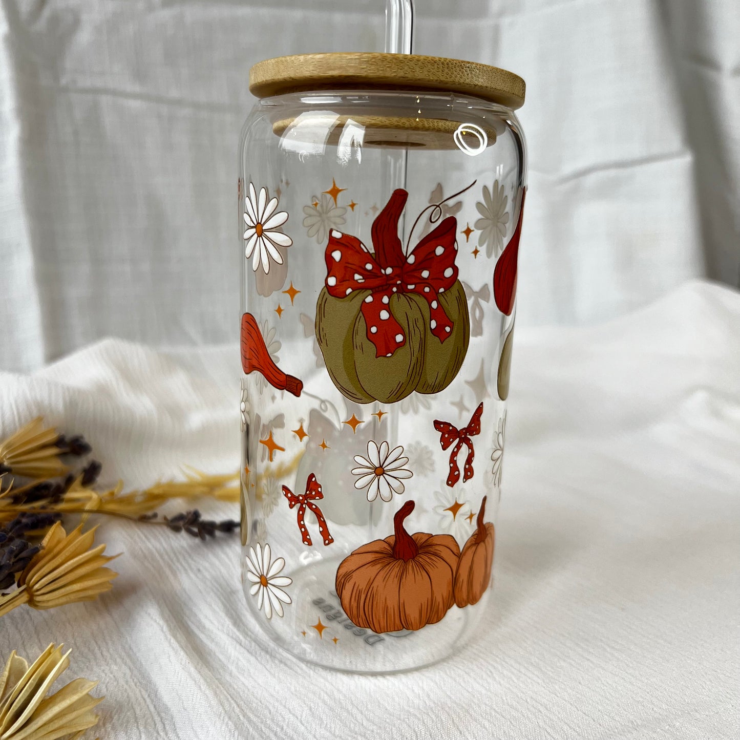 Glas-Trinkglas „Autumn Vibes“ – mit Holzdeckel & Glasstrohhalm
