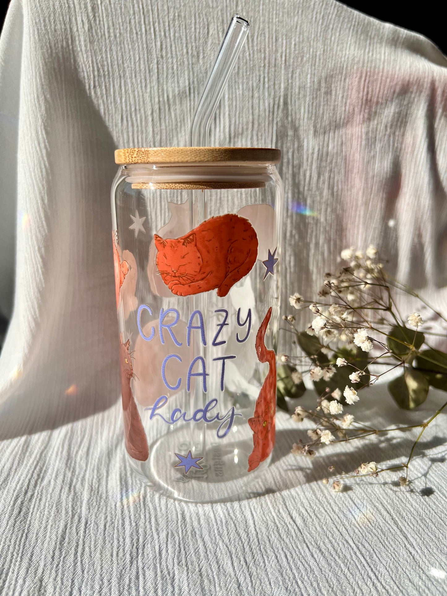 Glas-Trinkglas „Crazy Cat Lady“ – mit Holzdeckel & Glasstrohhalm