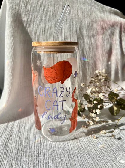 Glas-Trinkglas „Crazy Cat Lady“ – mit Holzdeckel & Glasstrohhalm