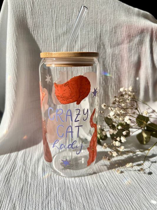 Glas-Trinkglas „Crazy Cat Lady“ – mit Holzdeckel & Glasstrohhalm