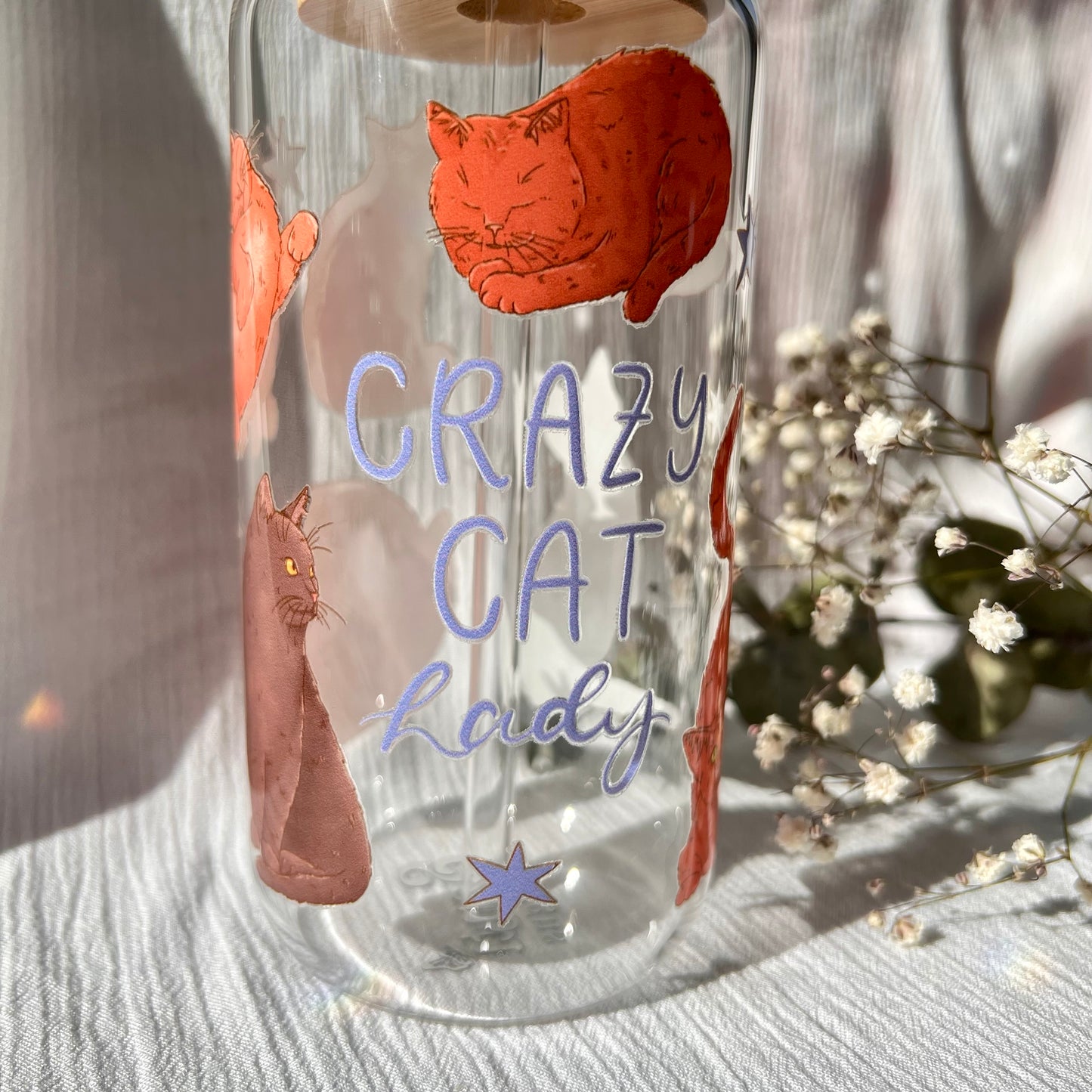 Glas-Trinkglas „Crazy Cat Lady“ – mit Holzdeckel & Glasstrohhalm