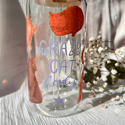 Glas-Trinkglas „Crazy Cat Lady“ – mit Holzdeckel & Glasstrohhalm