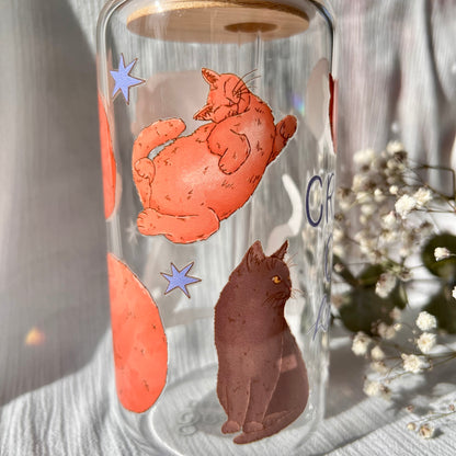 Glas-Trinkglas „Crazy Cat Lady“ – mit Holzdeckel & Glasstrohhalm