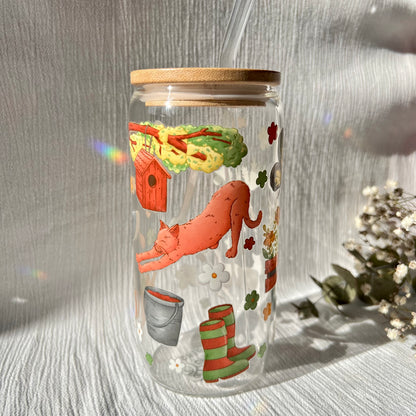 Glas-Trinkglas „Garden Vibes“ – mit Holzdeckel & Glasstrohhalm