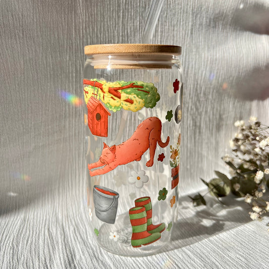 Glas-Trinkglas „Garden Vibes“ – mit Holzdeckel & Glasstrohhalm