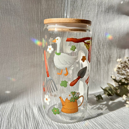 Glas-Trinkglas „Garden Vibes“ – mit Holzdeckel & Glasstrohhalm
