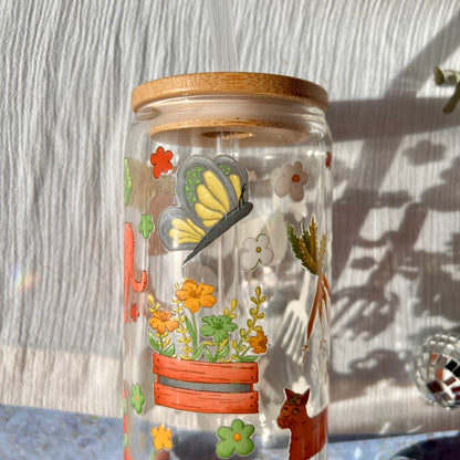 Glas-Trinkglas „Garden Vibes“ – mit Holzdeckel & Glasstrohhalm