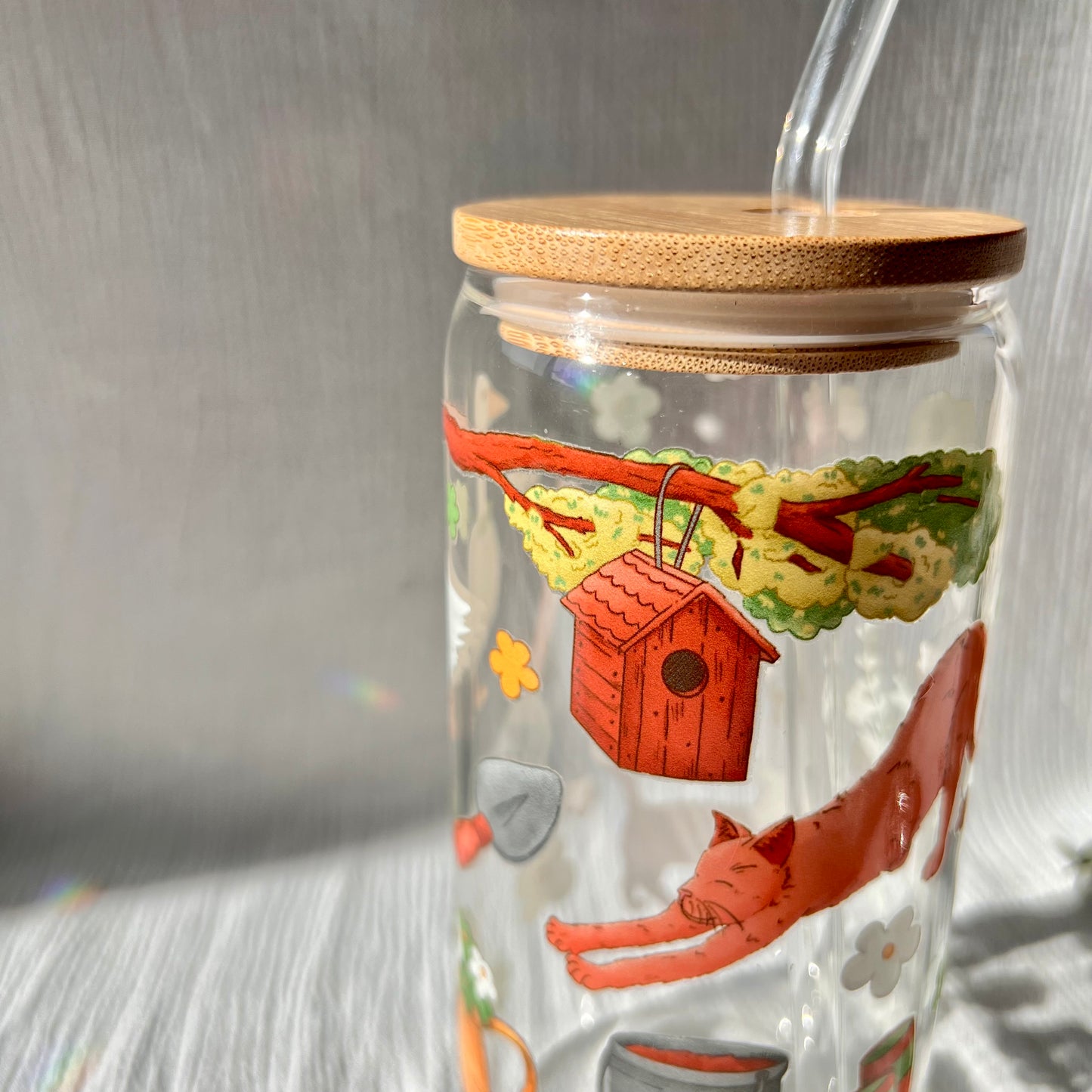 Glas-Trinkglas „Garden Vibes“ – mit Holzdeckel & Glasstrohhalm