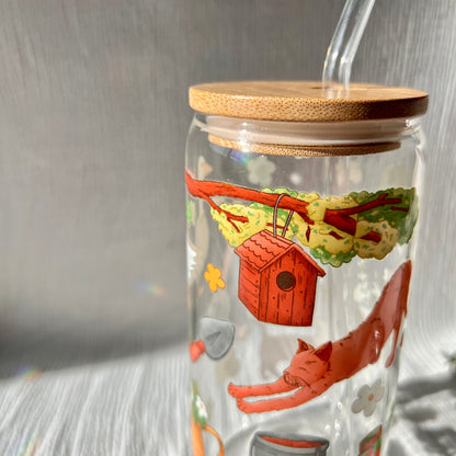 Glas-Trinkglas „Garden Vibes“ – mit Holzdeckel & Glasstrohhalm