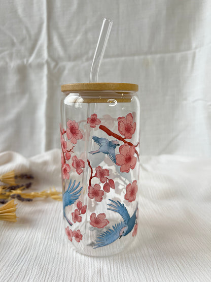 Glas-Trinkglas „Cherry Blossom“ – mit Holzdeckel & Glasstrohhalm