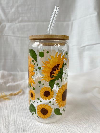 Glas-Trinkglas „Sunny Blooms“ – mit Holzdeckel & Glasstrohhalm