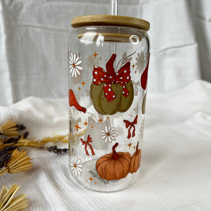 Glas-Trinkglas „Autumn Vibes“ – mit Holzdeckel & Glasstrohhalm
